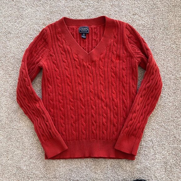 Burnt Orange Chaps Classics Fitted Cable Knit 100% Cotton V-neck Sweater - Picture 6 of 9